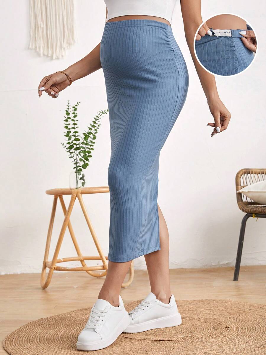 SHEIN Maternity Adjustable Waist Split Thigh Rib-knit Pencil Skirt - Dusty Blue - View 1