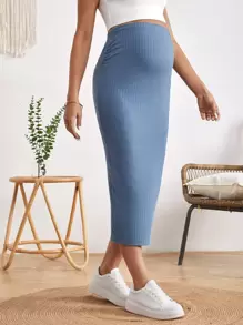 SHEIN Maternity Adjustable Waist Split Thigh Rib-knit Pencil Skirt - Dusty Blue - View 3