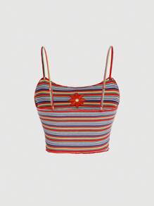 SHEIN MOD 條紋印花花卉刺繡木耳邊吊帶上衣 - 彩色 - 查看 2