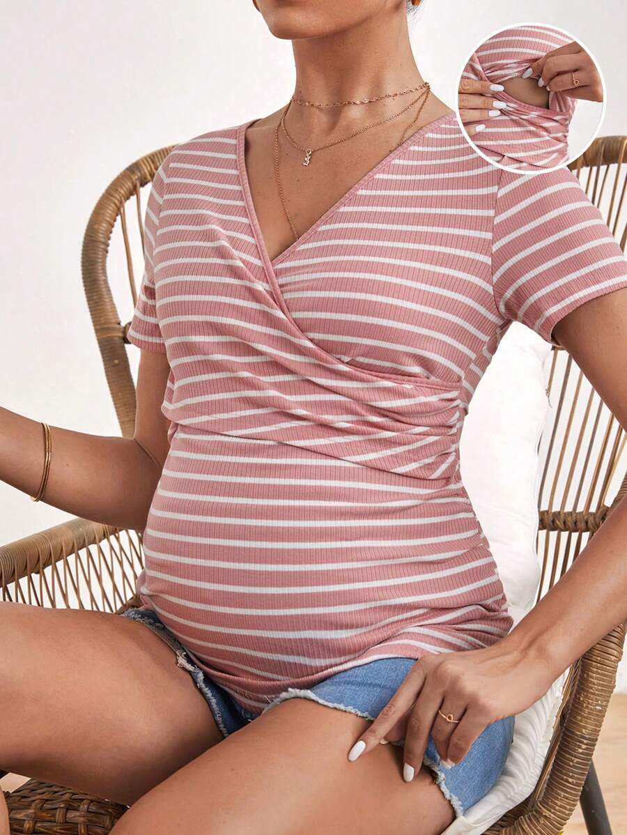 SHEIN Maternity Striped Print Surplice Neck Nursing Tee - Dusty Pink - View 1