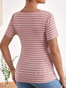 SHEIN Maternity Striped Print Surplice Neck Nursing Tee - Dusty Pink - View 2