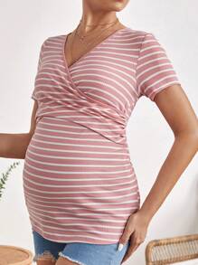 SHEIN Maternity Striped Print Surplice Neck Nursing Tee - Dusty Pink - View 3