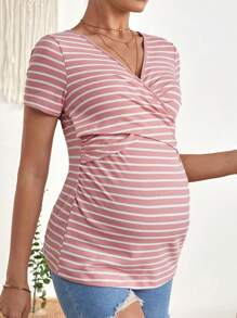 SHEIN Maternity Striped Print Surplice Neck Nursing Tee - Dusty Pink - View 5