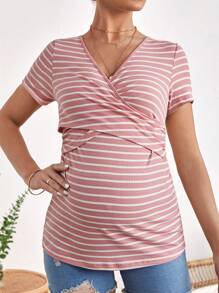 SHEIN Maternity Striped Print Surplice Neck Nursing Tee - Dusty Pink - View 6