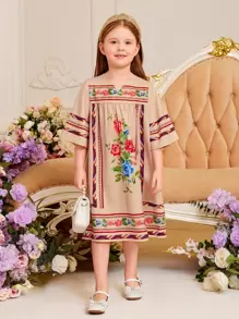 SHEIN Young Girl Loose Fit Doll Print Dress With Small V-Neck Pattern - Multicolor - View 4