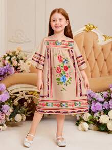SHEIN Young Girl Loose Fit Doll Print Dress With Small V-Neck Pattern - Multicolor - View 5