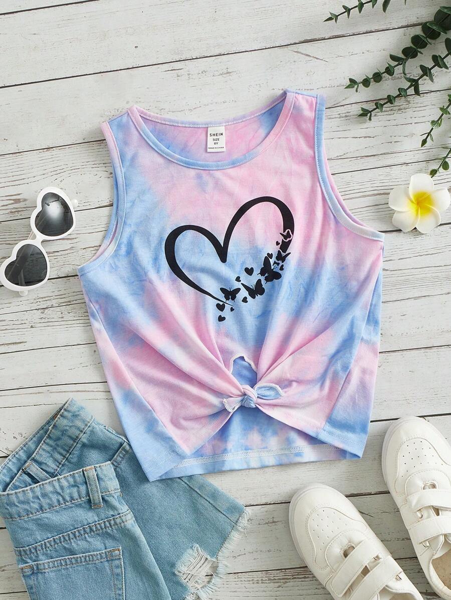 SHEIN Leap Crew Fille Top sans manches tie dye à imprimé cœur à nœud - Multicolore - Voir 1