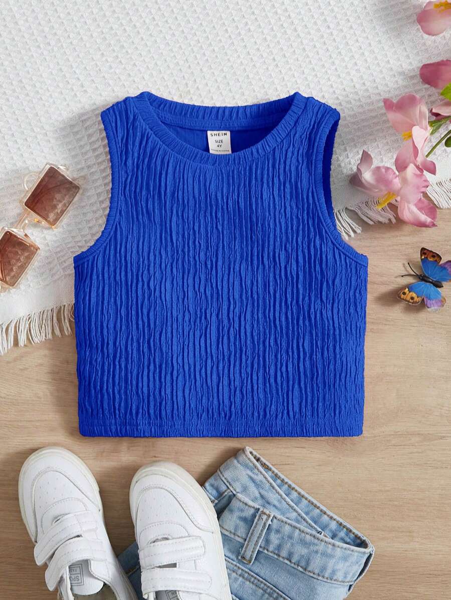 SHEIN Solid Color Sleeveless Round Neck Casual Top For Young Girls - Royal Blue - View 1