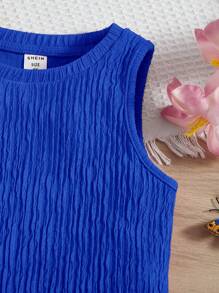 SHEIN Solid Color Sleeveless Round Neck Casual Top For Young Girls - Royal Blue - View 3