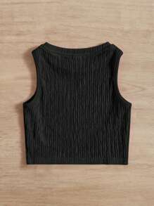 SHEIN 年輕女孩短款無袖圓領休閒純色背心 - 黑色 - 查看 2