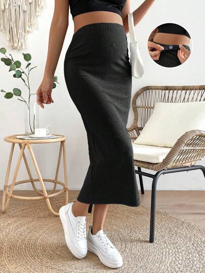 SHEIN Maternity Adjustable Waist Ribbed Knit Split Back Skirt