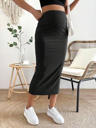 SHEIN Chân váy Bà bầu Nút Chia Gân đan màu trơn Giải trí