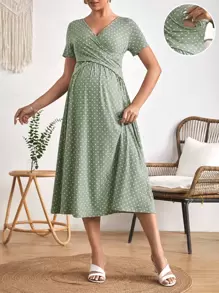 SHEIN Váy Bà bầu Hội Chữ thập Trọn gói Chấm bi Giải trí - Màu xanh Bạc hà - Xem 5