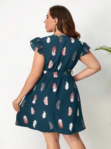 SHEIN Holidaya 大码波西米亚风羽毛印花蝴蝶袖系带连衣裙，适合夏季 - 水鴨藍 - 查看 2