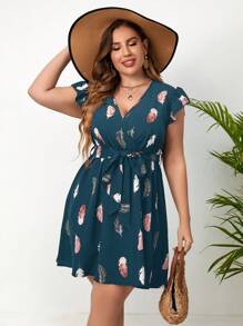 SHEIN Holidaya 大码波西米亚风羽毛印花蝴蝶袖系带连衣裙，适合夏季 - 水鴨藍 - 查看 5