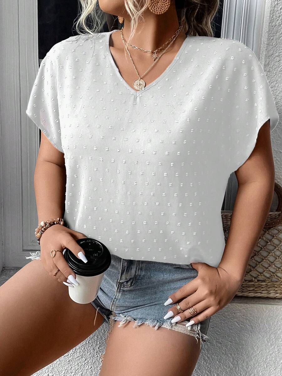SHEIN LUNE Plus Swiss Dot Batwing Sleeve Blouse - White - View 1