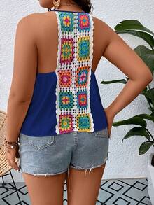 SHEIN Holidaya Plus Floral Crochet Panel Halter Top - Blue - View 2