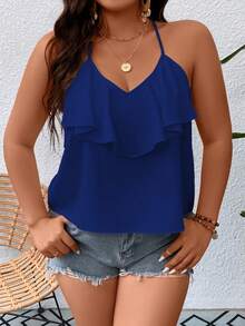 SHEIN Holidaya Plus Floral Crochet Panel Halter Top - Blue - View 3