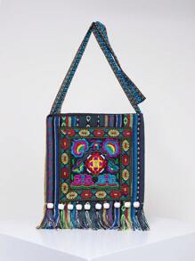 復古和藝術流蘇設計拼接顏色刺繡和串珠女士斜挎包,理想適用於休閒,旅行,攝影和作為A皮夾 - 彩色 - 查看 1