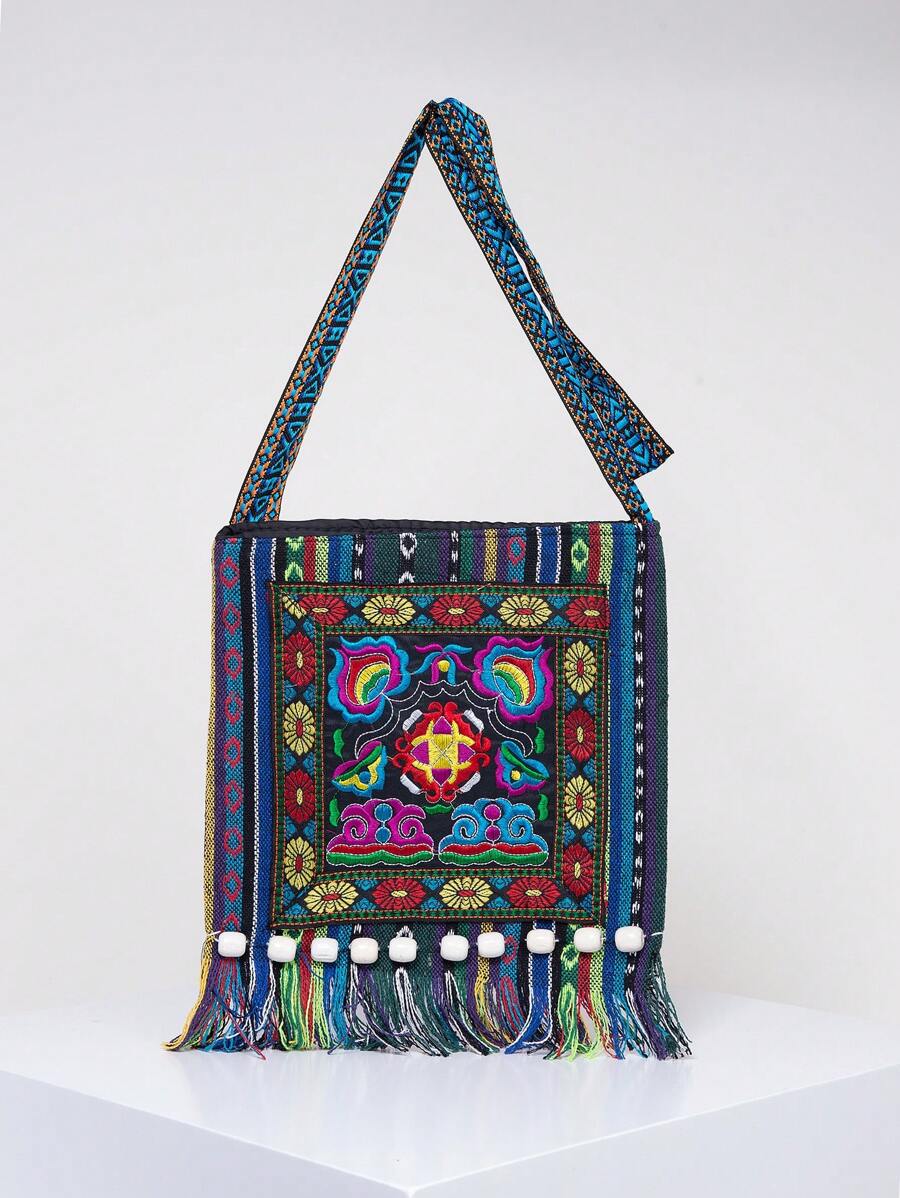 復古和藝術流蘇設計拼接顏色刺繡和串珠女士斜挎包,理想適用於休閒,旅行,攝影和作為A皮夾 - 彩色 - 查看 1