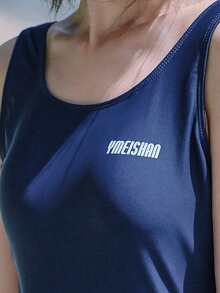 Letter Graphic Low Back One Piece Swimsuit - Navy Blue - View 3