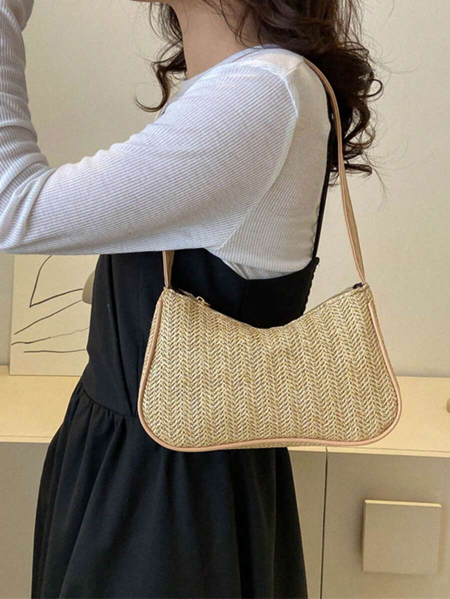 Khaki Straw Bag Minimalist For Vacation - Khaki - View 1