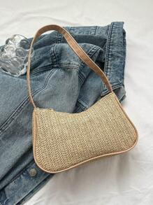 Khaki Straw Bag Minimalist For Vacation - Khaki - View 5