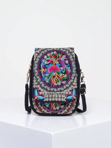 Vintage Women's Embroidered Crossbody Bag, Small Canvas Shoulder Bag, Stylish Zipper Phone Bag - Multicolor - View 1