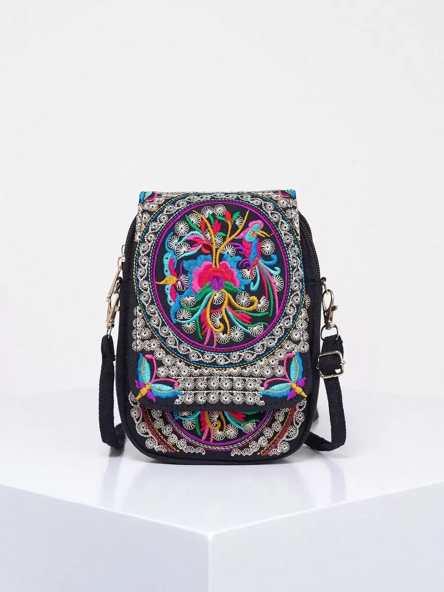 Vintage Women's Embroidered Crossbody Bag, Small Canvas Shoulder Bag, Stylish Zipper Phone Bag - Multicolor - View 1