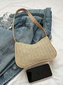 Khaki Straw Bag Minimalist For Vacation - Khaki - View 6