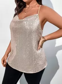 Celure Plus Draped Collar Sequin Cami Top