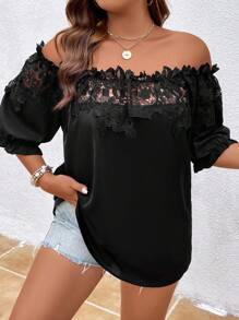 SHEIN Clasi 大碼一字肩蕾絲拼接貼花細節襯衫 - 黑色 - 查看 1