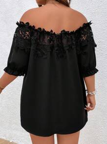 SHEIN Clasi 大碼一字肩蕾絲拼接貼花細節襯衫 - 黑色 - 查看 2