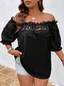 SHEIN Clasi 大碼一字肩蕾絲拼接貼花細節襯衫 - 黑色 - 查看 4