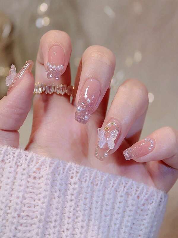 Upgrade Your Look with 24pcs Long Coffin Pearl Glitter Butterfly Decor Fake Nail & 1sheet Tape & 1pc Nail File