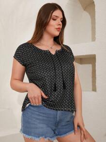 RueChic Plus Allover Print Notched Neck Blouse - Multicolor - View 5