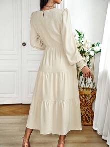 SHEIN Privé Đầm Maxi Tay Phồng Xếp Ly Trơn Cho Nữ - Màu be - Xem 2