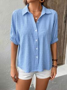 SHEIN LUNE Áo sơ mi nữ Nút phía trước màu trơn Giải trí - Màu xanh lam - Xem 3