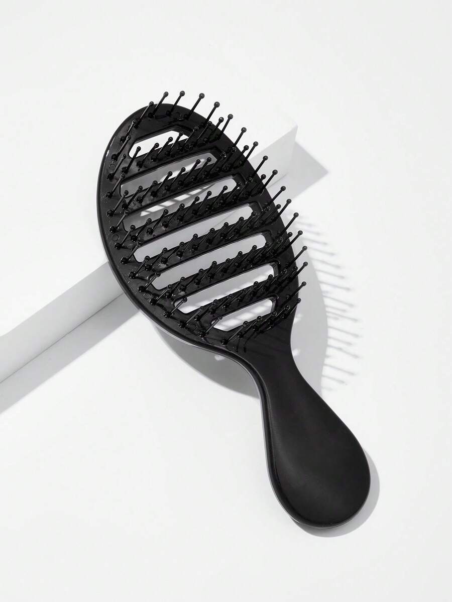 1pc Hollow Comb, Suitable For Wet & Dry Use, Plastic Material, Classic Solid Color Oval Handheld Hair Brush, Gift For Women, Hair Brush, Hairstyling Tool, Salon Hair Product And Accessory - Black - View 1
