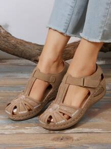 Women Floral Embroidered Hook-and-loop Fastener Sandals, Elegant Brown Ankle Strap Wedge Sandals For Summer - Apricot - View 4