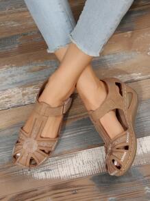 Women Floral Embroidered Hook-and-loop Fastener Sandals, Elegant Brown Ankle Strap Wedge Sandals For Summer - Apricot - View 5