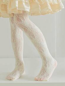 兩雙女孩心和花卉圖案可愛漁網褲襪適用於日常 - 米色 - 查看 3