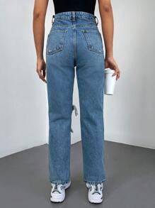 EURMUSE High Waist Ripped Straight Leg Jeans - Rửa trung bình - Xem 2