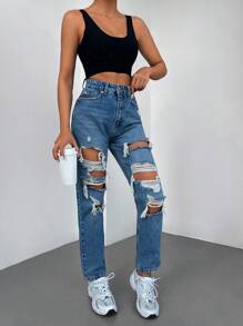 EURMUSE High Waist Ripped Straight Leg Jeans - Rửa trung bình - Xem 3