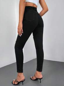 RueChic High Waist Ripped Skinny Jeans - Black - View 2