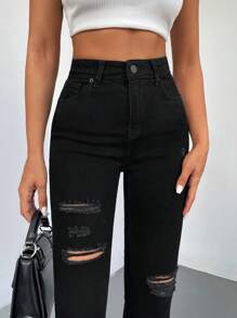 RueChic High Waist Ripped Skinny Jeans - Black - View 5
