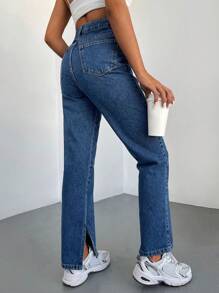 SHEIN PETITE 高腰下擺開叉直筒牛仔褲 - 中等水洗藍 - 查看 4