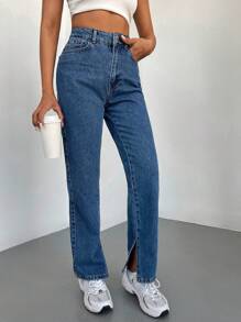 SHEIN PETITE 高腰下擺開叉直筒牛仔褲 - 中等水洗藍 - 查看 5