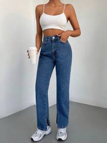 SHEIN PETITE 高腰下擺開叉直筒牛仔褲 - 中等水洗藍 - 查看 3