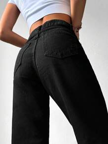 RueChic High Waist Straight Leg Jeans - Black - View 3